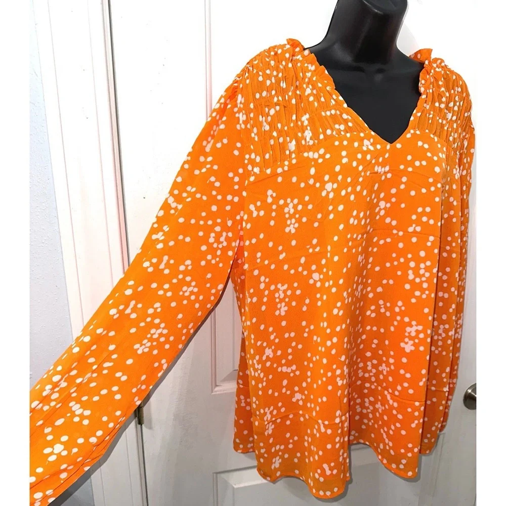 Dokotoo Orange Pleated Long Sleeve V Neck Smocked Printed Chiffon Blouse - Picture 5 of 8